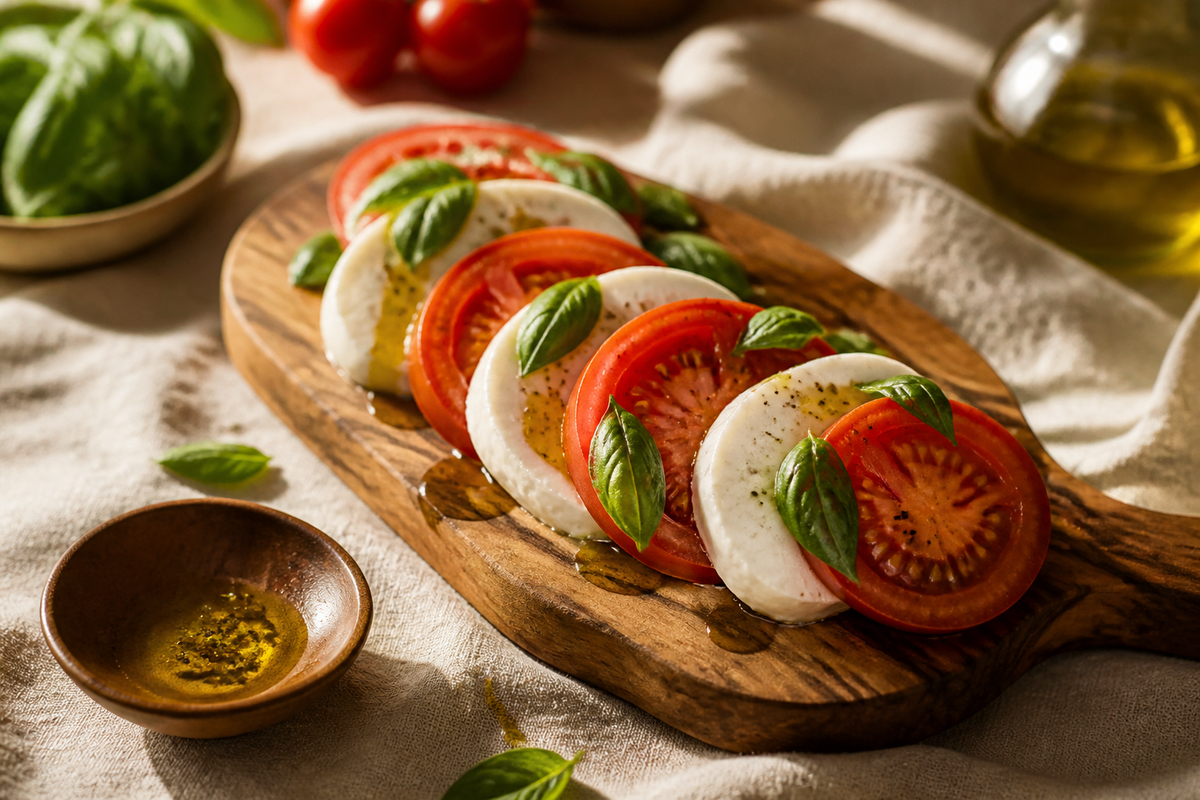 Caprese en tabla de olivo con mozzarella, tomate y albahaca