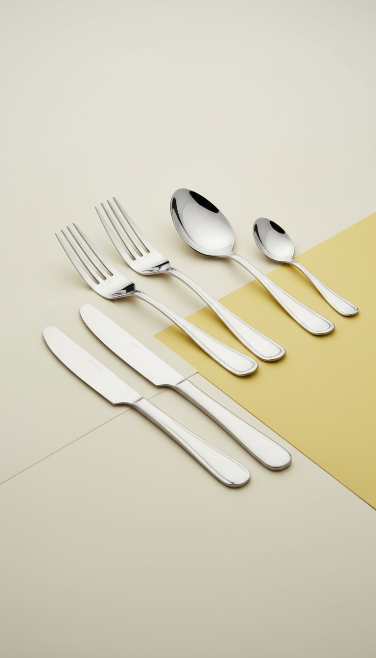 Set de utensilios de acero pulido sobre mesón de cocina
